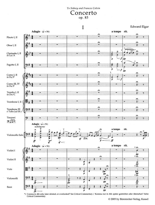 Elgar, Edward (Del Mar): Cello Concerto in E Minor Op.85 (study score) Barenreiter Urtext