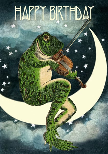 Happy Birthday Card with Frog playing Violin on Moon
