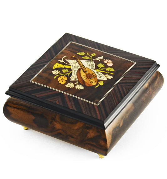 Music box, burl walnut & rosewood, with inlaid lute, Magic Flute melody, Sorrento, ITALY