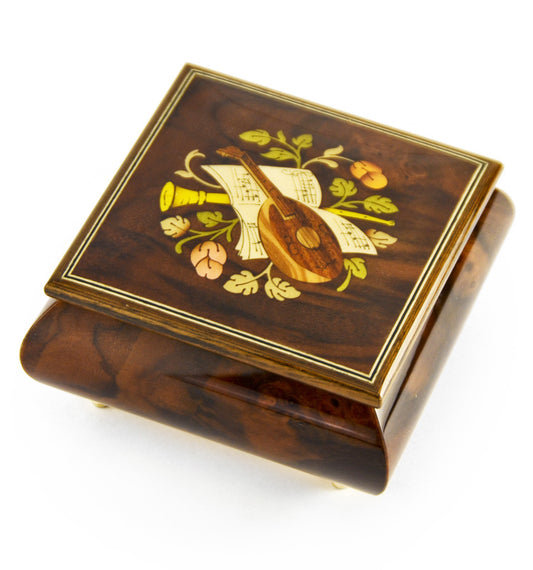 Music box, burl-elm & rosewood, with inlaid lute, Beethoven's "Ode to Joy" melody, Sorrento, ITALY
