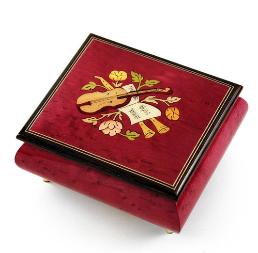 Music box, wine-red burl-elm, with inlaid violin and flutes, Beethoven's "fur Elise" melody, Sorrento, ITALY