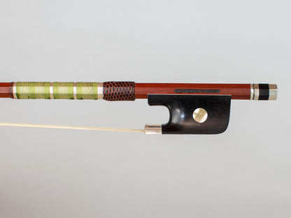 Thomas Dignan octagonal Pernambuco cello bow #958, green & silver silk grip, 78.9 gr, Boston, USA