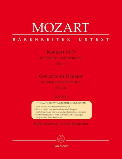 Mozart, W.A. (Mahling): (Score) Concerto in D Major for Violin and Orchestra, No.4, KV 218 urtext (violin, and orchestra) Barenreiter