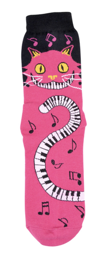 Ladies magenta socks with the cat piano keys tail desigin. Sizes 9 - 11.