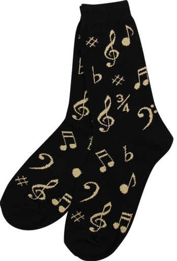 Black socks with gold note pattern (unisex size 6-12)